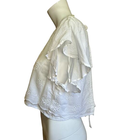 LOA White Cotton Romantic Eyelet Flutter Crop Short Sleeve Back Tie Blouse sz M - Picture 5 of 10